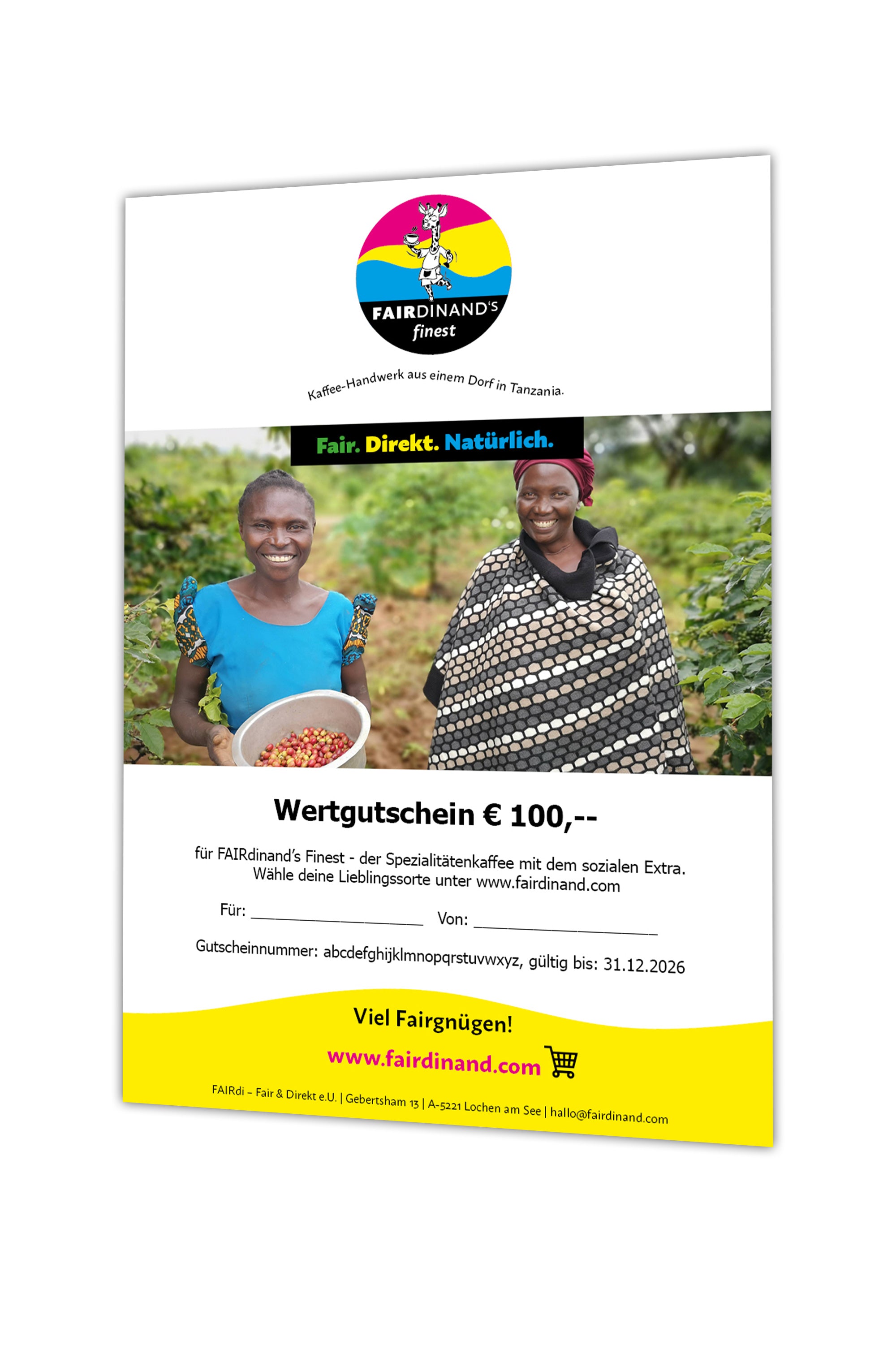 FAIRdinand's Geschenkgutschein. Gutscheinkarte per Post.